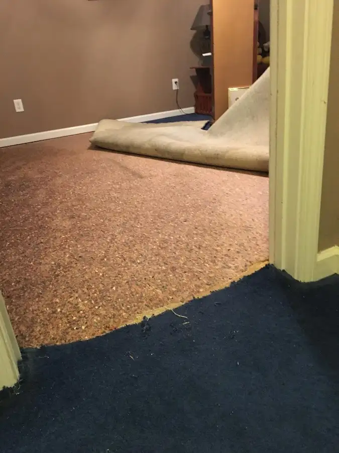 Carpet pad removal revealing water damage during Drying & Dehumidification in Donaldsonville